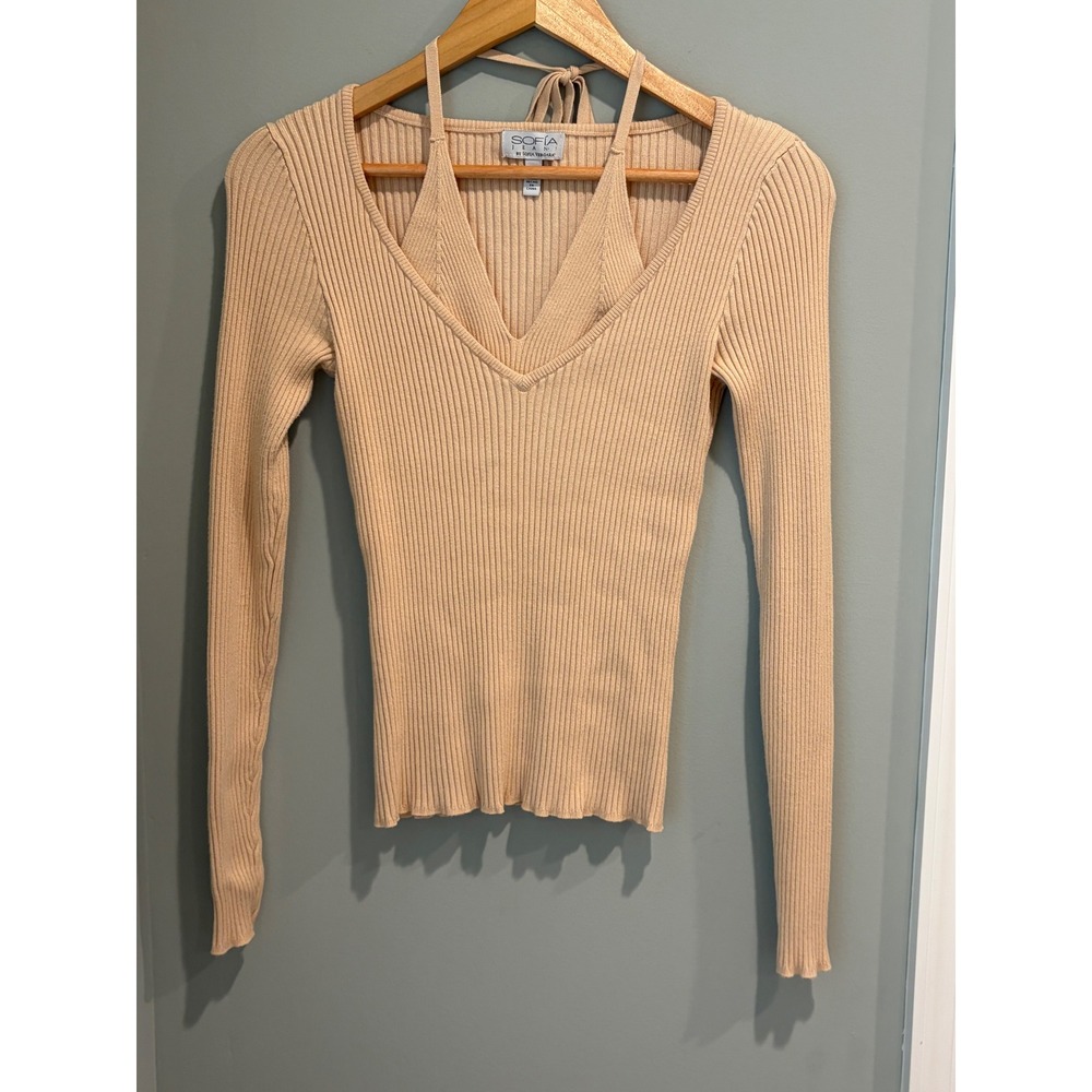 Sofia Jeans by Sofia Vergara Ribbed Halter V-Neck Sweater Cream Beige Small